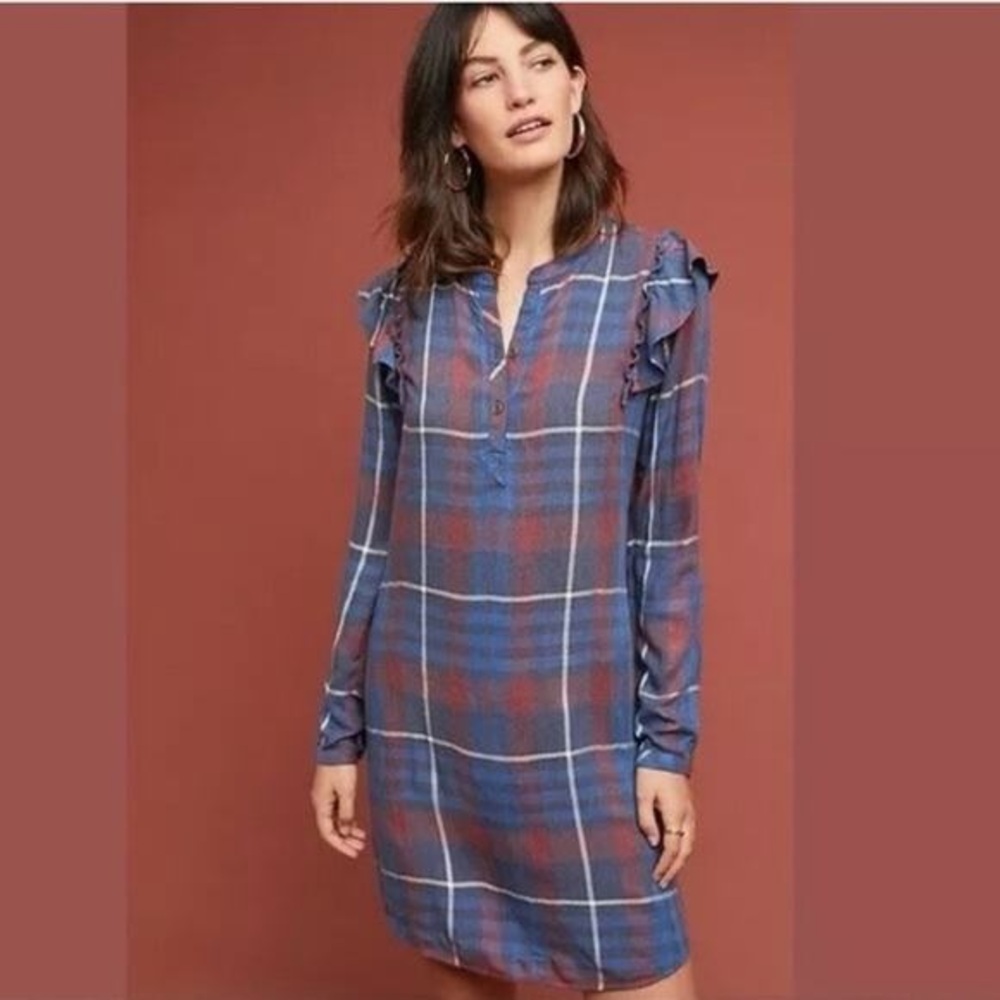 Anthropologie Cloth & Stone Blue and Red Plaid Ruffled Shirt Dress Size M